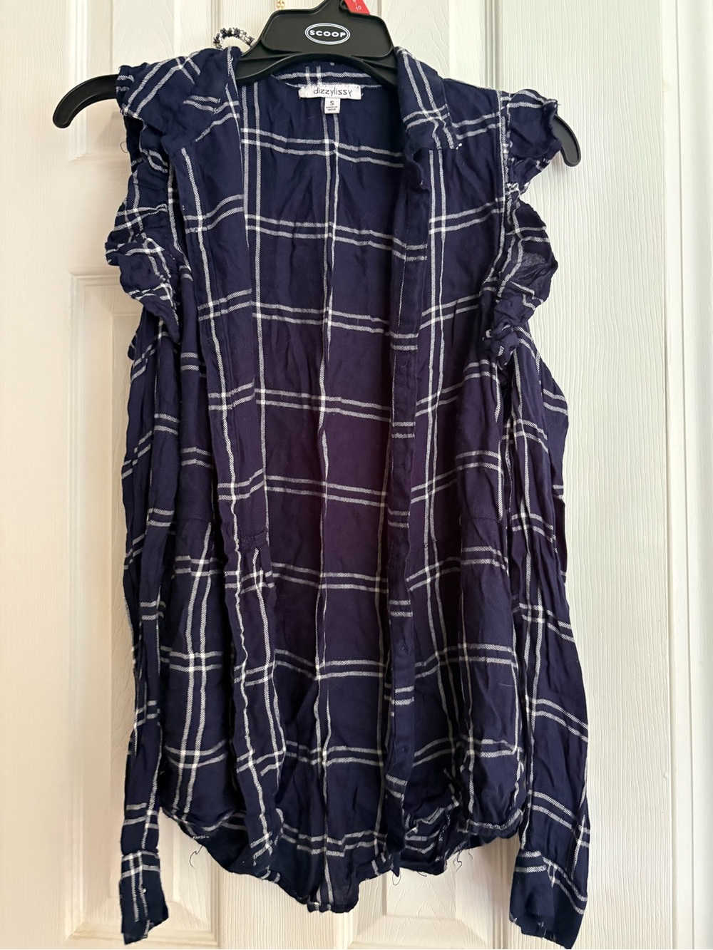 dizzyssy Navy Plaid Ruffle Open Shoulder Sleeve Button-Front Top